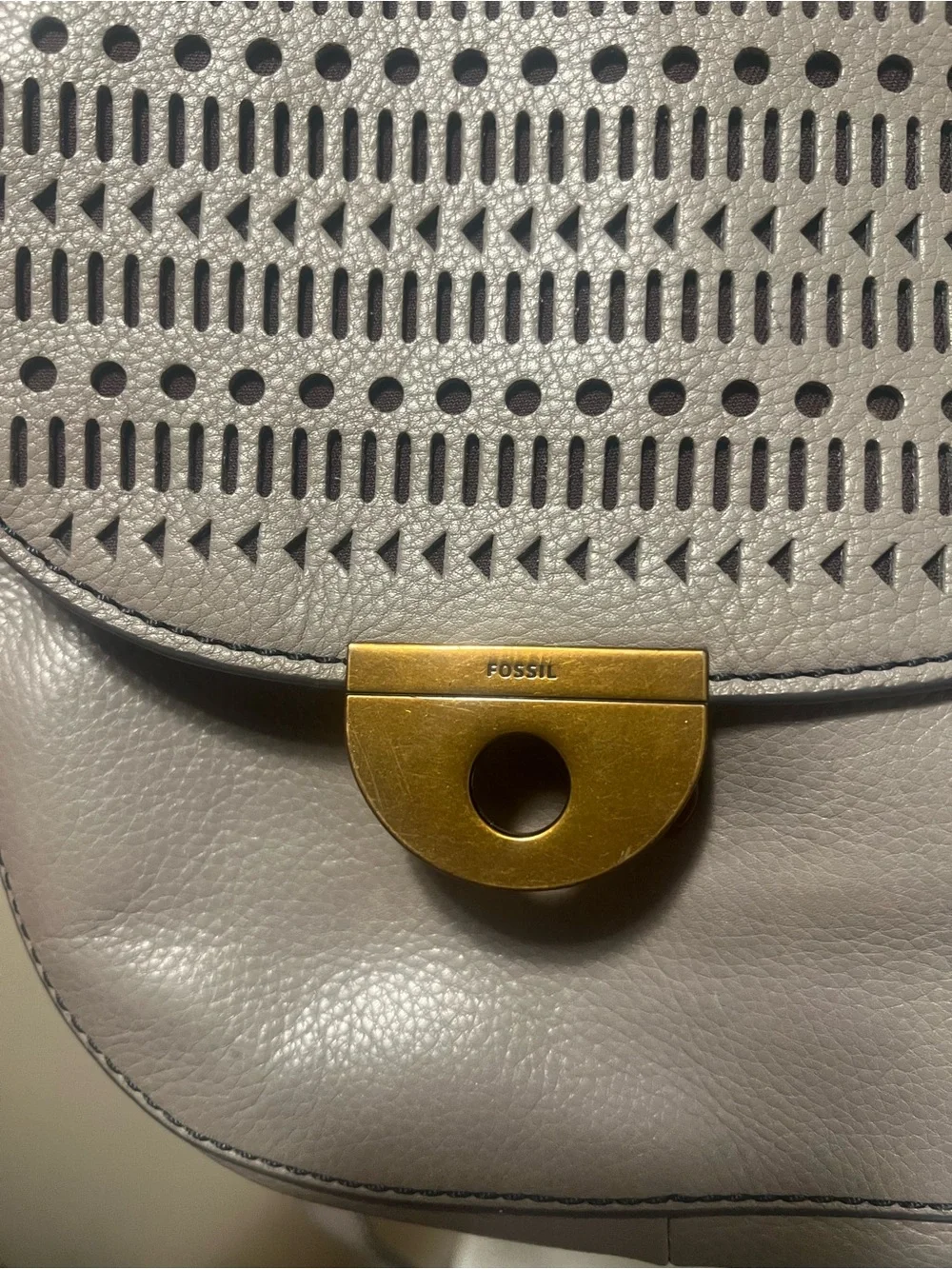 Fossil Gray Leather Perforated Flap Crossbody with Gold-Tone Lock